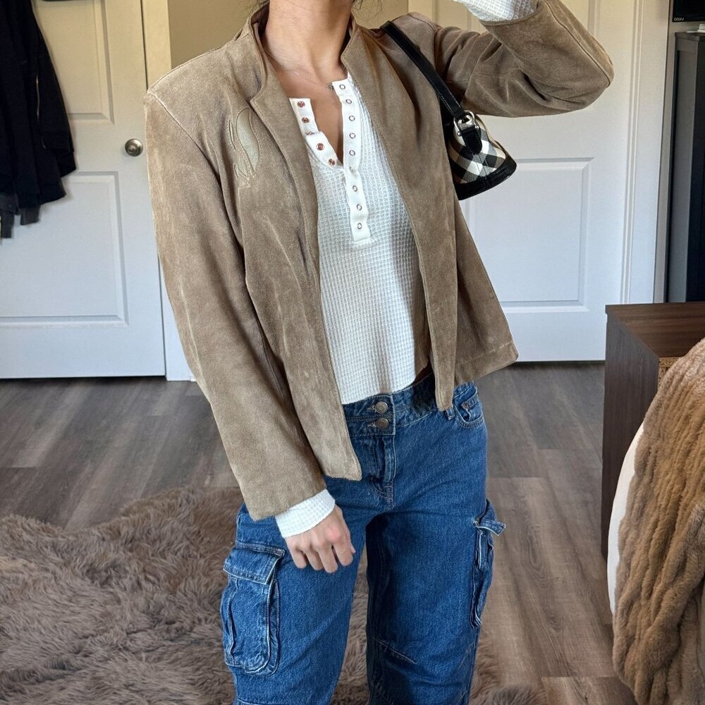 Vintage Suede Leather Jacket Open Front Western Tan Distressed Sz 12 Argentina
